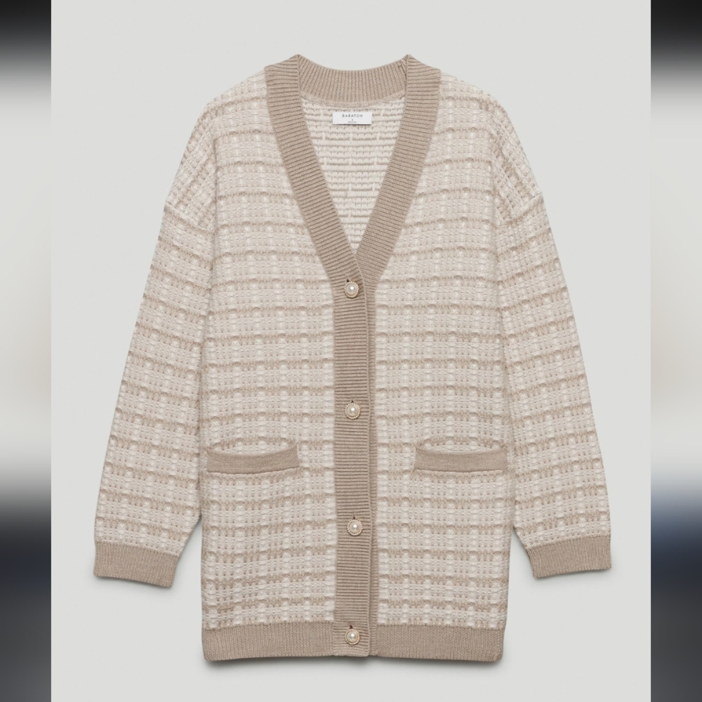 BABATON - Beige Plaid Cardigan with Pearl Button Details